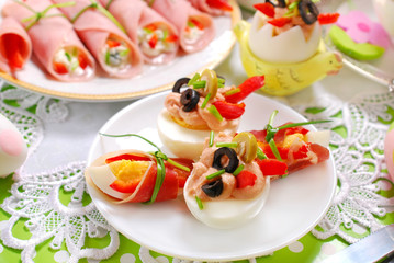eggs with tuna spread and olives for easter breakfast