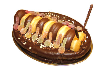 Caterpillar chocolate cake isolated on white