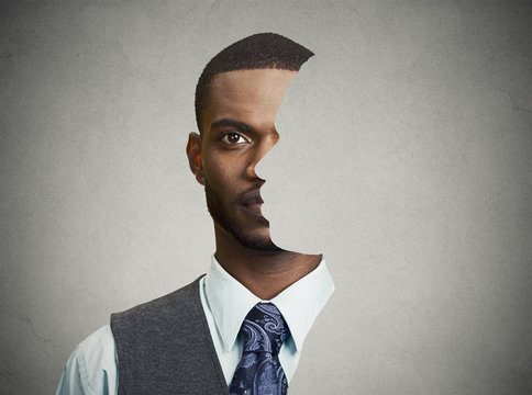 Fototapeta surrealistic portrait front with cut out profile of a young man