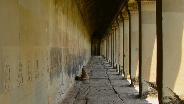 Zoom Out of Ancient Temple Hallway  - Angkor Wat Temple Cambodia