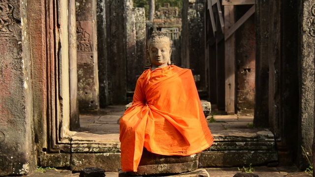 Zoom Out of Buddha in Ancient Temple  - Angkor Wat Temple Cambodia