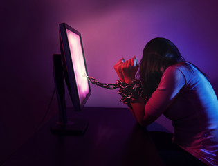 Woman chained to computer
