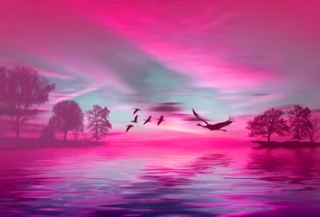Tuinposter Roze Prachtig landschap met vogels