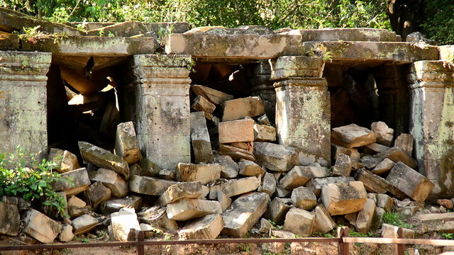 Zoom Out of Stone Ruins of Abandon Temple  - Angkor Wat Temple Cambodia