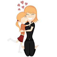 A cute ginger girl hugs her ginger mom with love.