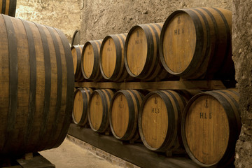 Wine barrels stacked in the old cellar of the winery.