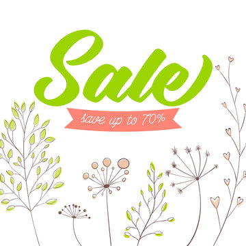 Spring sale vector banner design. Green text on white background