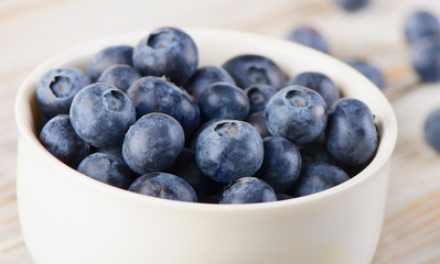 Blueberries in a white bowl .