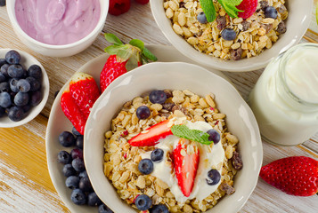 Muesli,  fresh berries and yogurt for  breakfast