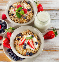 Healthy Breakfast with ripe  berries, yogurt  and  muesli.