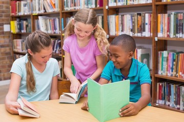 Fototapeta na wymiar Cute pupils reading in library