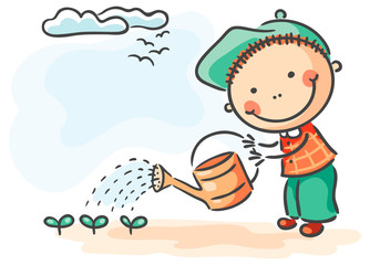 Children spring activities boy watering sprouts