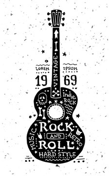 Illustration of vintage grunge label with guitar