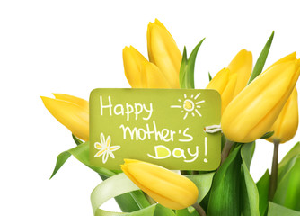 Mother's Day yellow tulips flower bunch with greeting card
