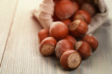 sack bag full of hazelnuts, rustic style photo