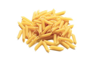 Raw italian penne rigate pasta isolated on white background
