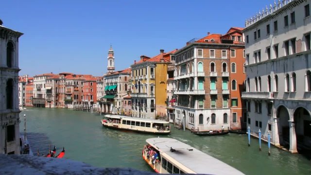 View of the city and Grand Canal from Rialto Bridge. Venice.