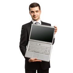 businessman with open laptop in his hands