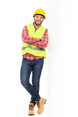 Manual worker leaning on a big white placard