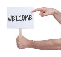 Hand holding sign, isolated on white