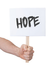 Hand holding sign, isolated on white