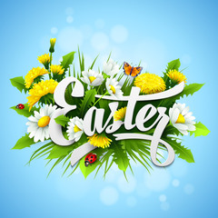 Fototapeta premium Title Easter with spring flowers. Vector illustration