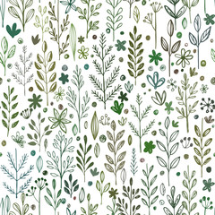 Seamless hands drawn spring pattern with grass and flowers