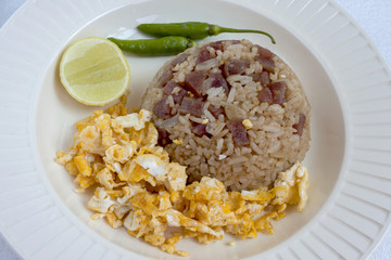 Fried rice with sausage serve with fried egg