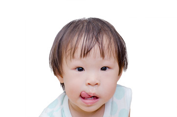 Asian girl with snot flowing from her nose over white background