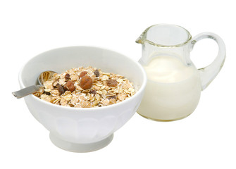 Müsli in eienr Schale mit Milchkrug