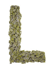 Destroyed letter of small pieces of stone covered with moss.