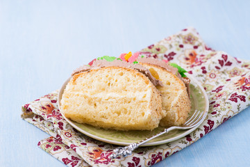 Slices of sponge cake with buttercream on plate