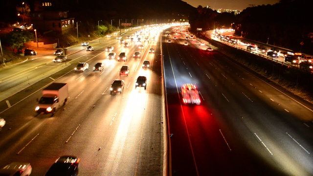 Rush Hour Traffic on Busy Los Angeles Freeway at Night