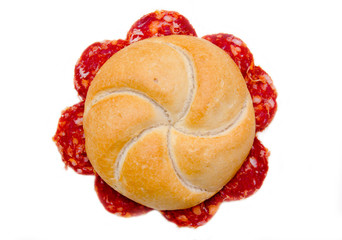 Sandwich with salami from above