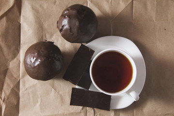 Cup of tea and chocolate cake and chocolate