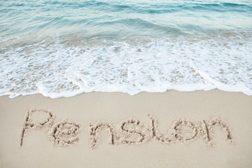 Pension Written On Sand By Sea - obrazy, fototapety, plakaty