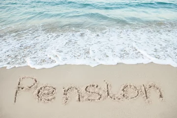 Fotobehang Pension Written On Sand By Sea © Andrey Popov