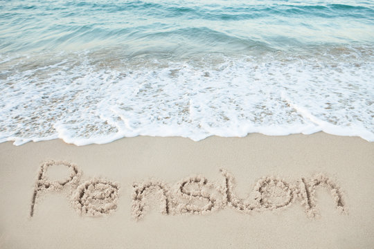 Pension Written On Sand By Sea