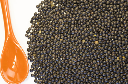 black lentils and small spoon close up