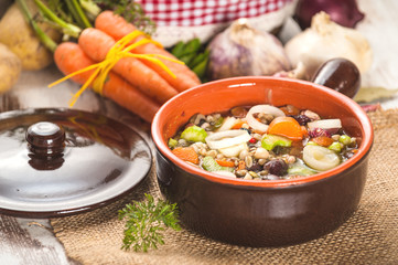 Rural vegetarian broth soup with colorful vegetables and rustic