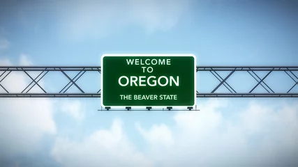 Zelfklevend Fotobehang Oregon USA State Welcome to Highway Road Sign © boscorelli
