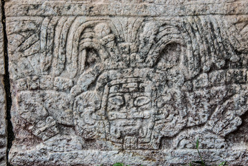 Mayan Sculpture at Chichen Itza, Traveling through Mexico.