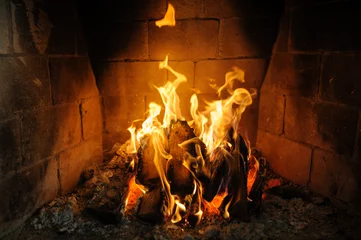 Papier Peint photo Lavable Flamme feu dans la cheminée et les flammes dansent