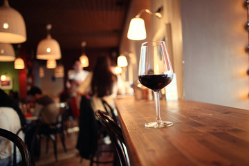 glass with red wine, tasting, restaurant
