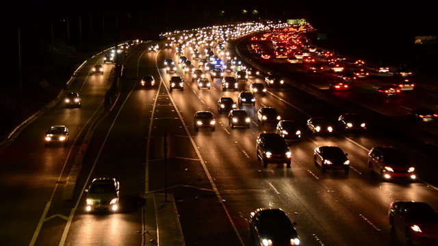 Evening Rush Hour Traffic on Busy Freeway in Los Angeles 