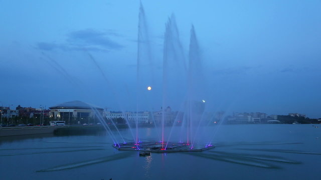 Fountain on the lake Kaban at night in Kazan, Tatarstan, Russia