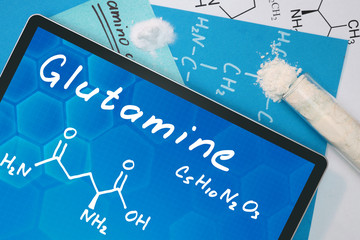 Tablet with the chemical formula of Glutamine  . Amino acids.