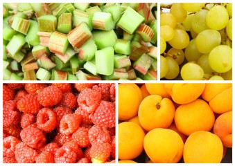 montage de fruits,framboise,abricot,rhubarbe,raisin