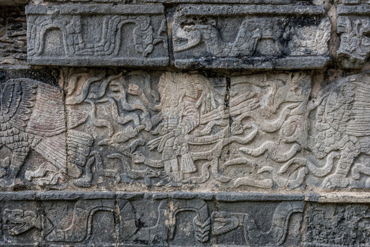 Mayan Sculpture at Chichen Itza, Traveling through Mexico.