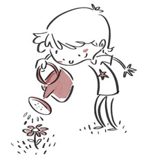 niño regando una flor